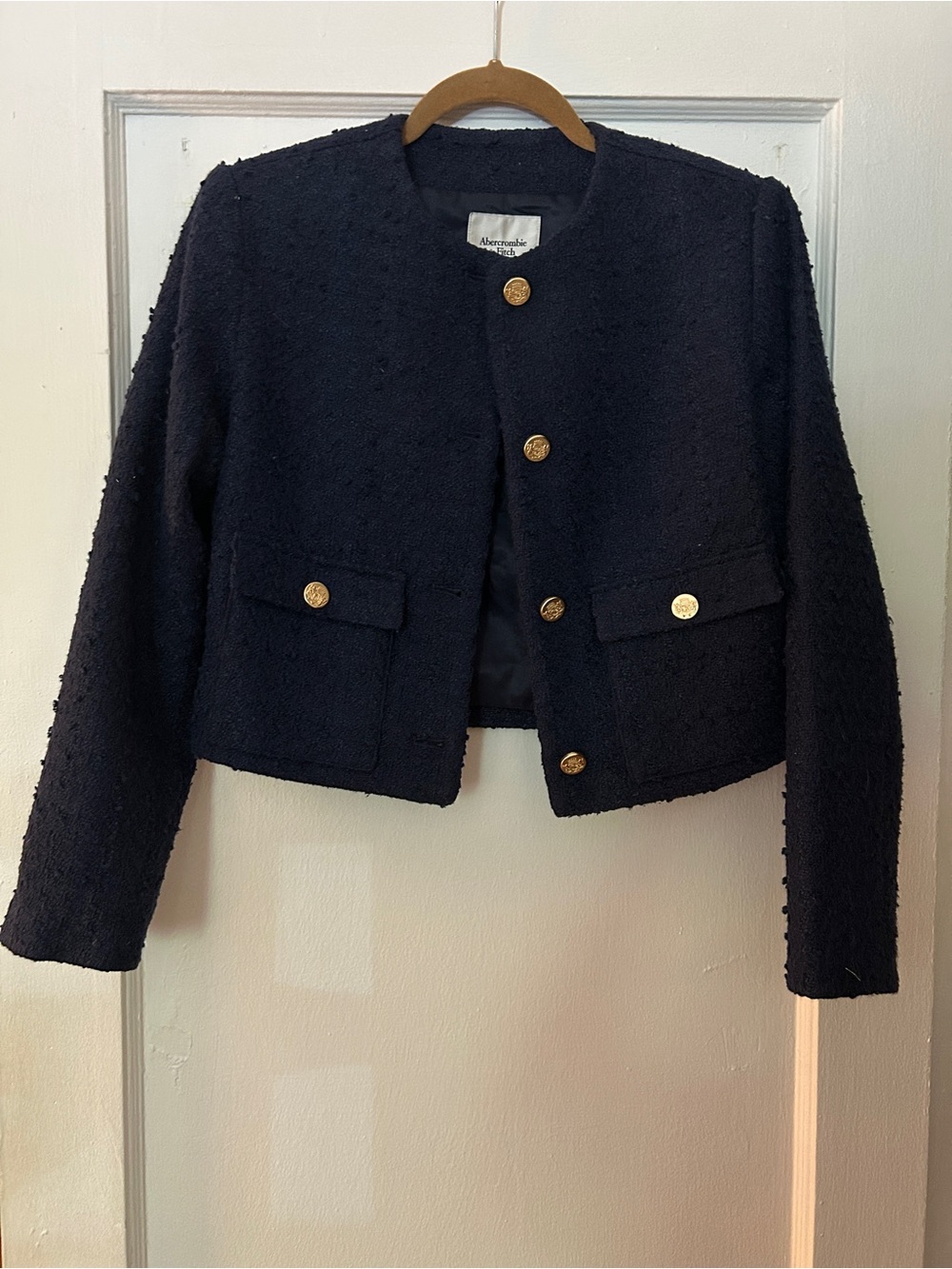 Abercrombie & Fitch Navy Tweed Cropped Blazer with Gold Buttons